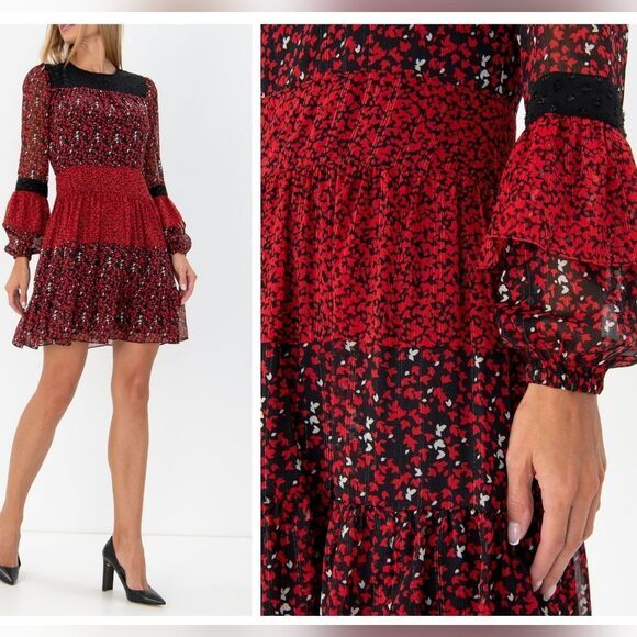 Michael Kors Chiffon Red and Black Floral Mixed Pattern Long Sleeve Dress Size M - Picture 2 of 16
